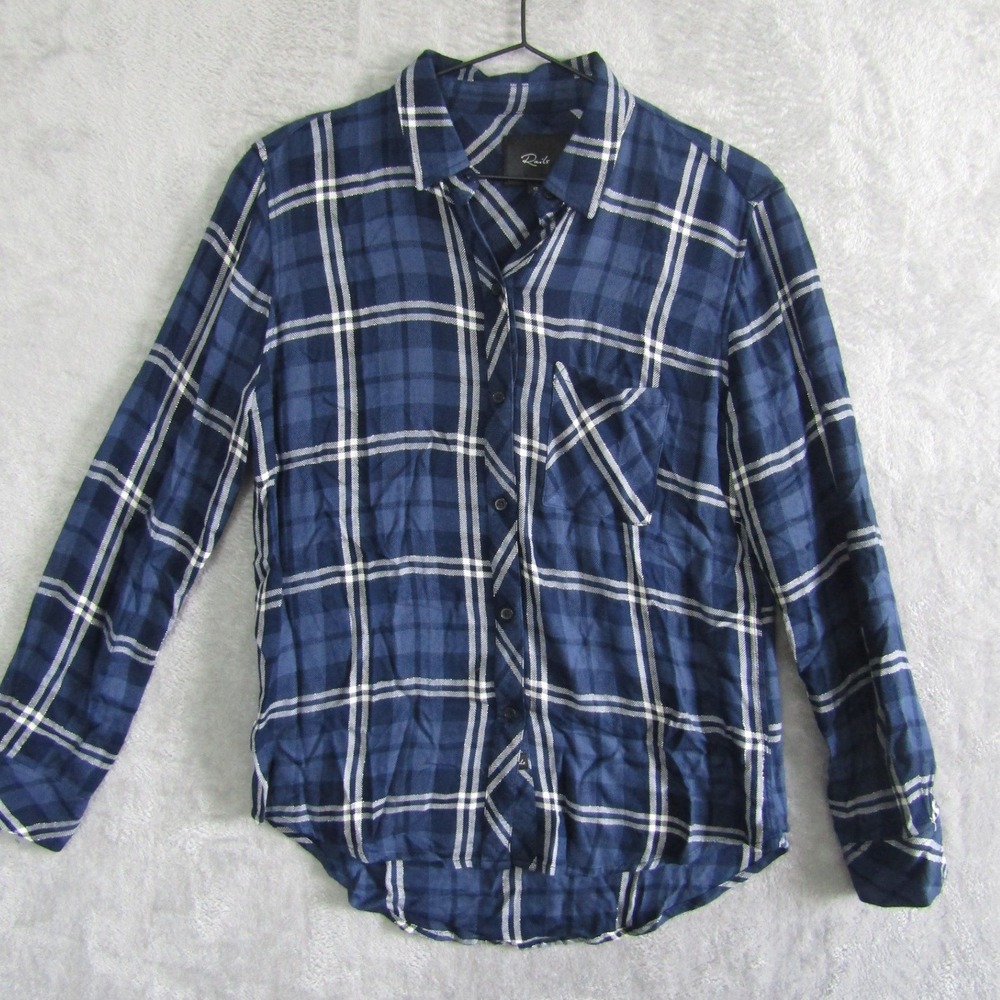 Rails Navy Blue Plaid Button Down Shirt XS Rayon Metallic Casual